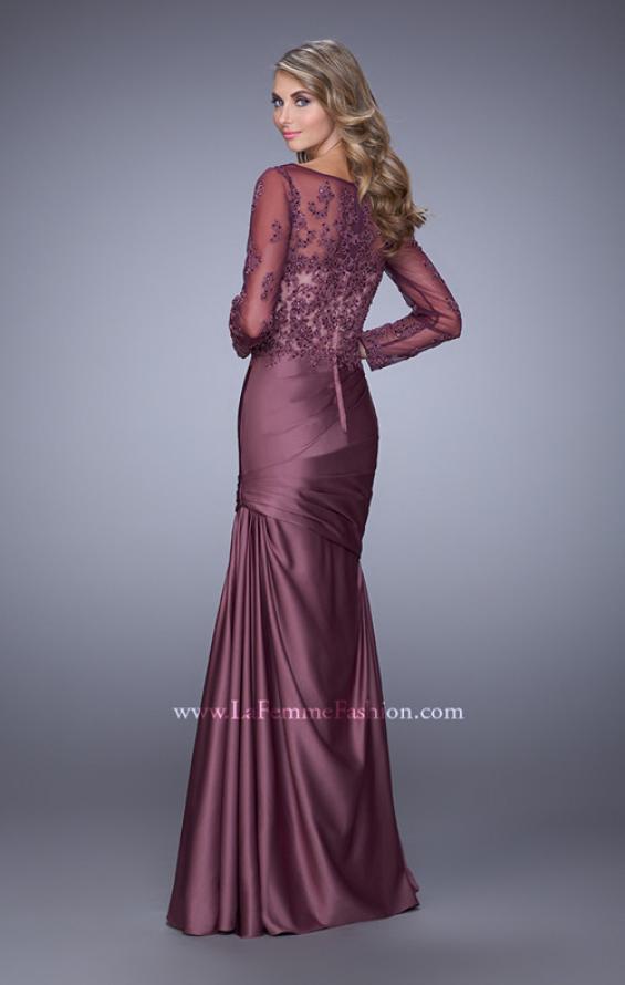 Picture of: Satin Dress with Long Sheer Net Sleeves and Beading in Purple, Style: 21708, Back Picture
