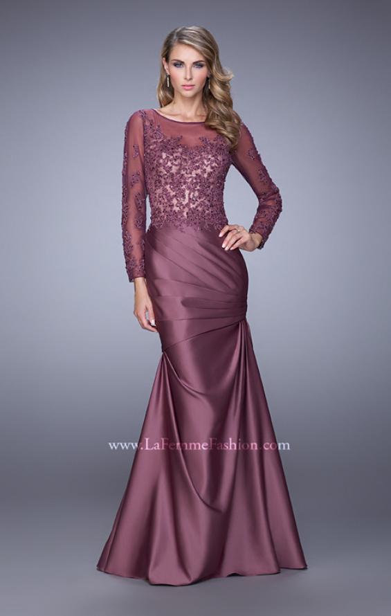 Picture of: Satin Dress with Long Sheer Net Sleeves and Beading in Purple, Style: 21708, Detail Picture 1