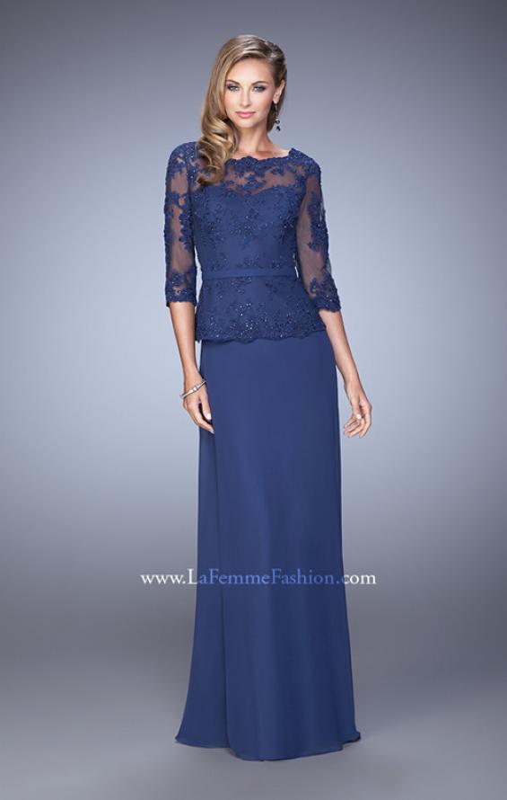 Picture of: Crepe Chiffon Dress with 3/4 Length Sleeves and Belt in Blue, Style: 21709, Detail Picture 1