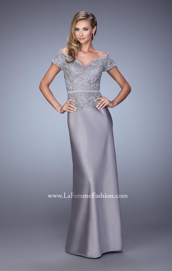 Picture of: Sultry Satin Dress with Off the Shoulder Sleeves in Silver, Style: 21726, Detail Picture 2