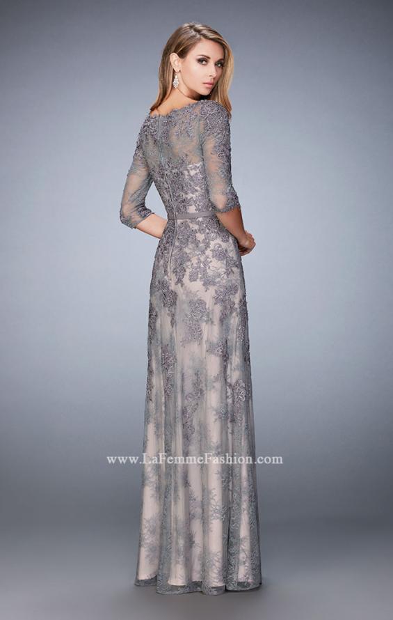 Picture of: Evening Gown with Lace Overlay, Belt, and 3/4 Sleeves in Silver, Style: 21740, Back Picture