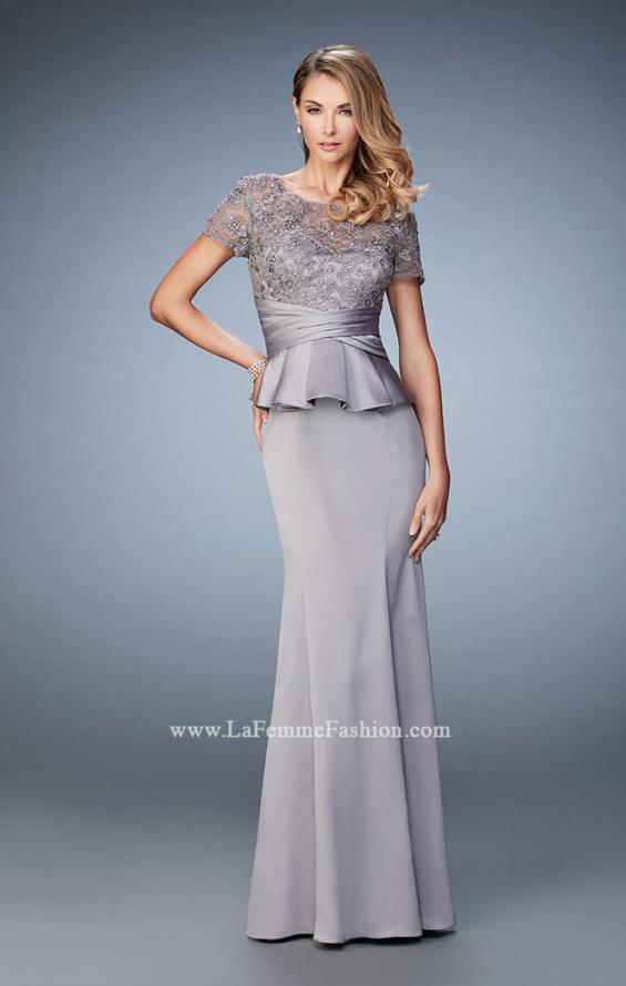 Picture of: Satin Evening Gown with Peplum Waist and Embellishments in Silver, Style: 21760, Main Picture