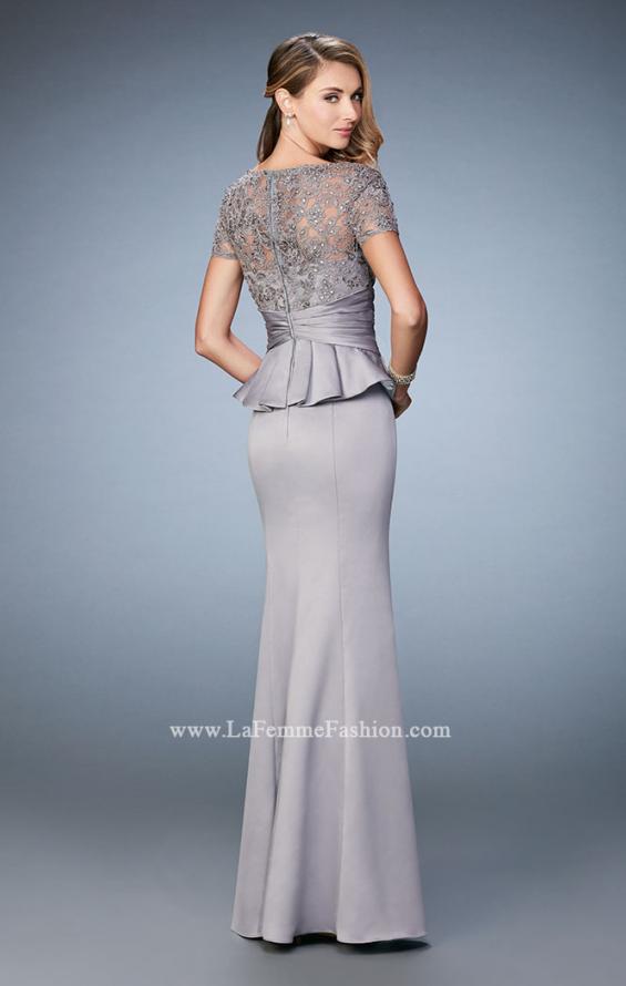 Picture of: Satin Evening Gown with Peplum Waist and Embellishments in Silver, Style: 21760, Back Picture