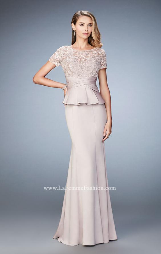 Picture of: Satin Evening Gown with Peplum Waist and Embellishments in Nude, Style: 21760, Detail Picture 1