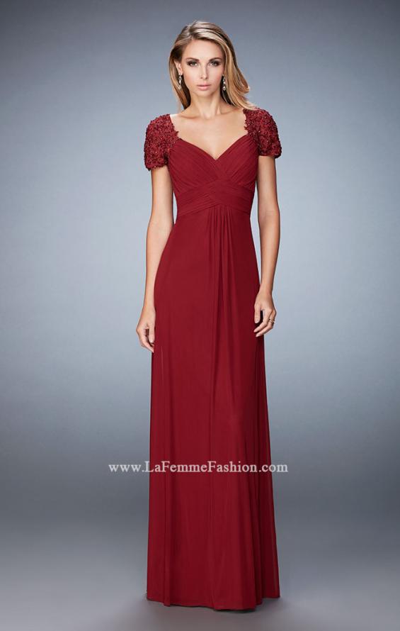 Picture of: Pleated Bodice Short Sleeve Evening Gown with Lace in Red, Style: 21765, Main Picture