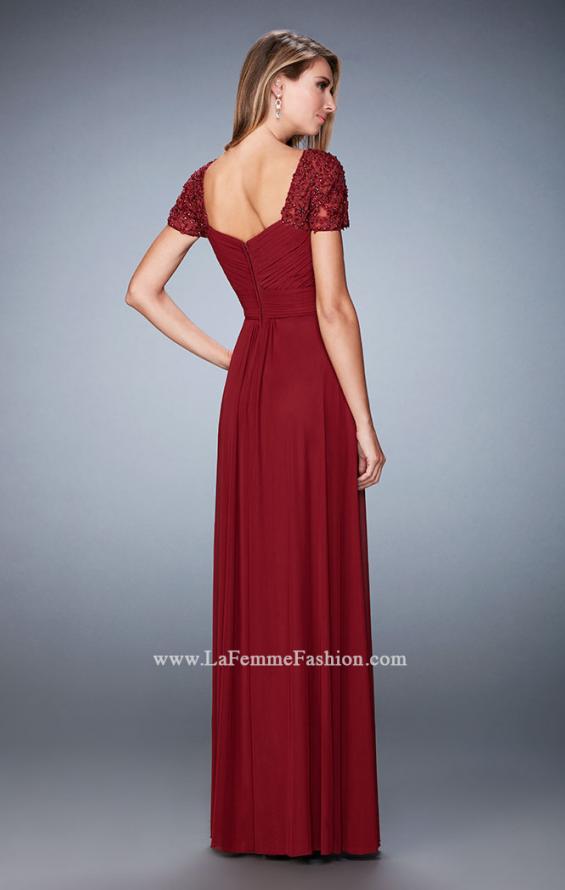 Picture of: Pleated Bodice Short Sleeve Evening Gown with Lace in Red, Style: 21765, Back Picture