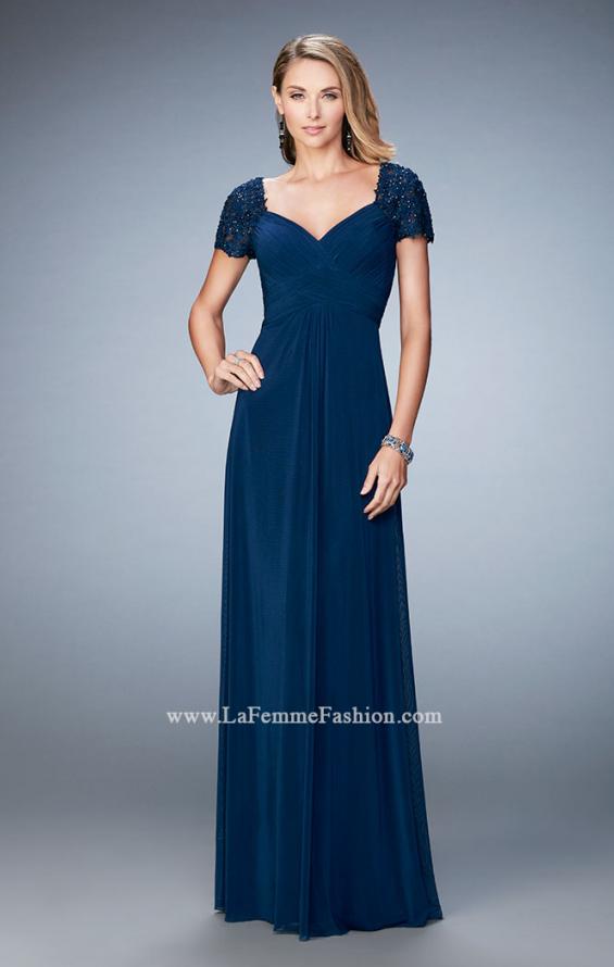 Picture of: Pleated Bodice Short Sleeve Evening Gown with Lace in Blue, Style: 21765, Detail Picture 1