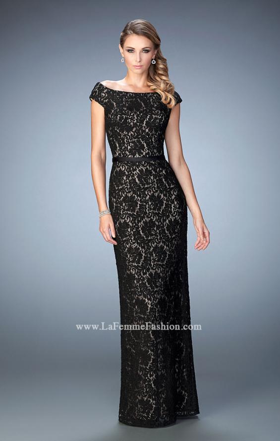 Picture of: Lace Evening Dress with Belt and Off the Shoulder Sleeves in Black, Style: 21812, Main Picture