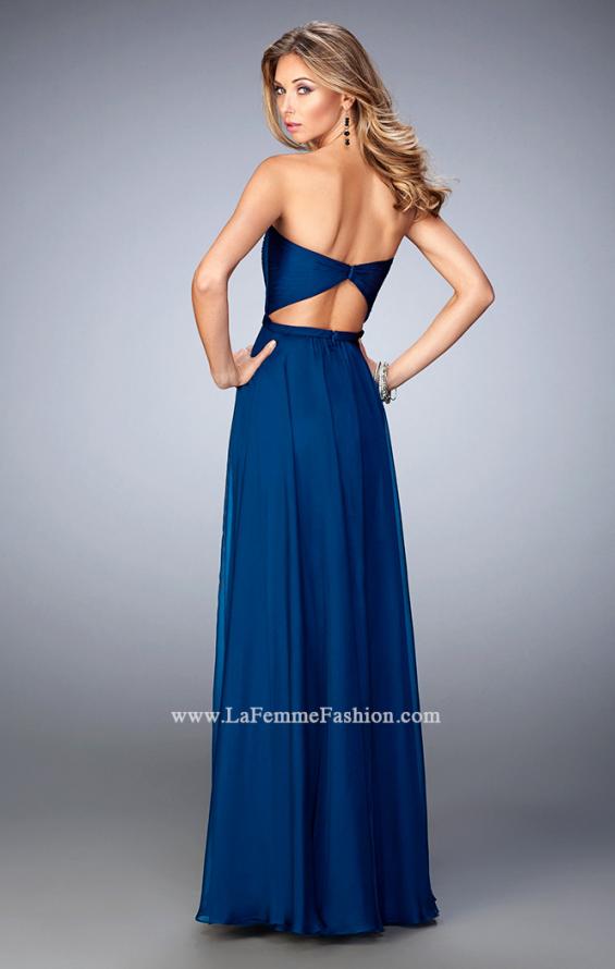 Picture of: Chiffon Prom Gown with Lace Appliques and Rhinestones in Blue, Style: 21820, Back Picture