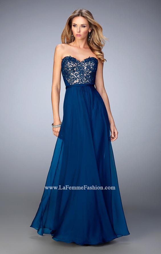 Picture of: Chiffon Prom Gown with Lace Appliques and Rhinestones in Blue, Style: 21820, Detail Picture 1