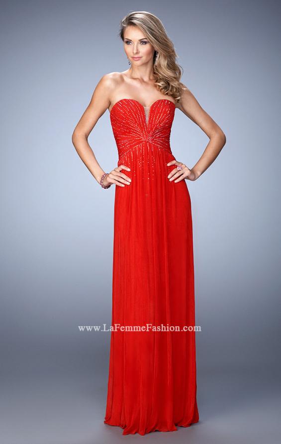 Picture of: Sweetheart Neck Net Gown with Cascading Rhinestones in Red, Style: 21836, Detail Picture 3