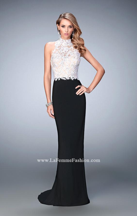 Picture of: Long Jersey Prom Dress with High Neck and Rhinestones in Black, Style: 21837, Main Picture