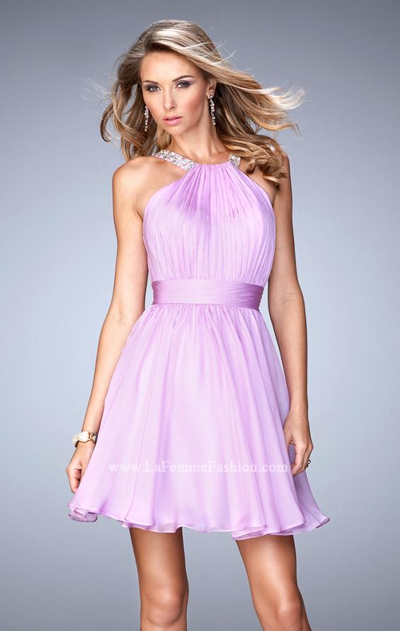 Picture of: Short Chiffon Gown with Gathering and Beaded Straps in Purple, Style: 21885, Main Picture