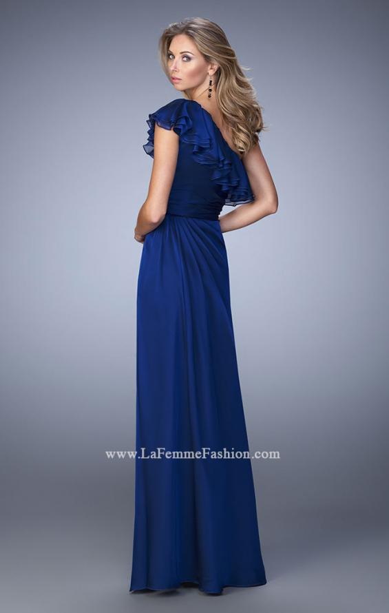 Picture of: One Shoulder Ruffle Evening Gown with A-line Skirt in Blue, Style: 21893, Back Picture