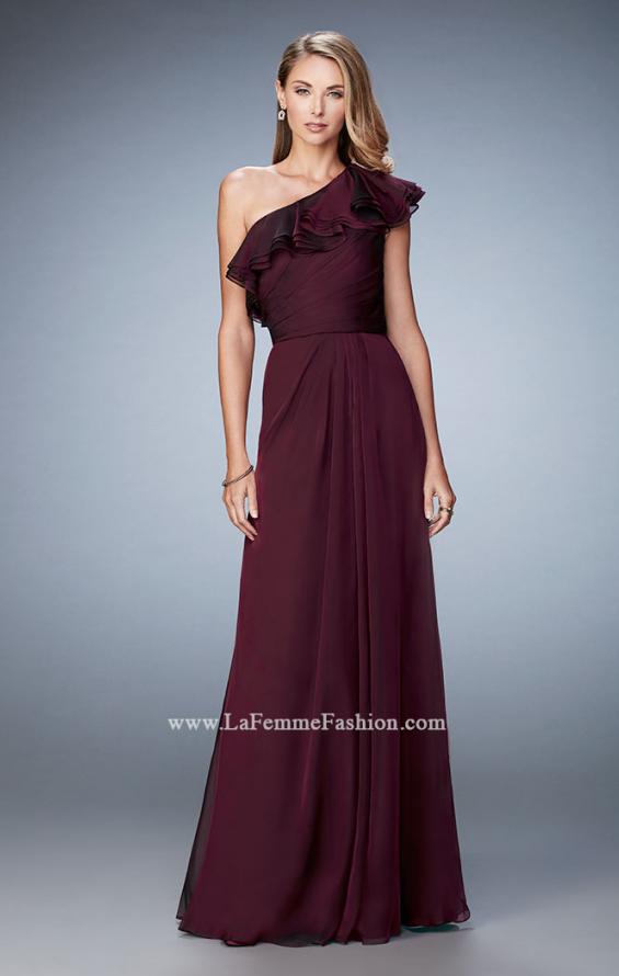 Picture of: One Shoulder Ruffle Evening Gown with A-line Skirt in Red, Style: 21893, Detail Picture 1