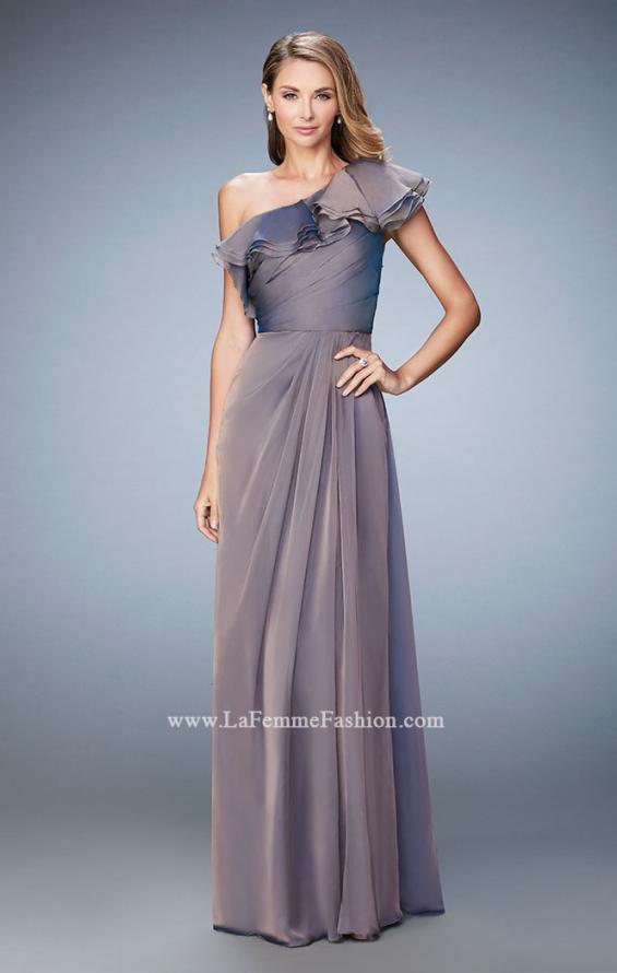 Picture of: One Shoulder Ruffle Evening Gown with A-line Skirt in Brown, Style: 21893, Detail Picture 2