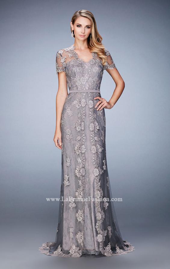 Picture of: Short Sleeve Evening Gown with Lace Underlay in Silver, Style: 21897, Main Picture