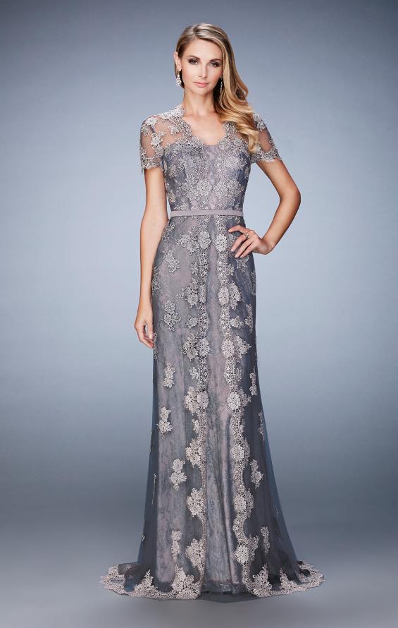Picture of: Short Sleeve Evening Gown with Lace Underlay in Silver, Style: 21897, Detail Picture 1