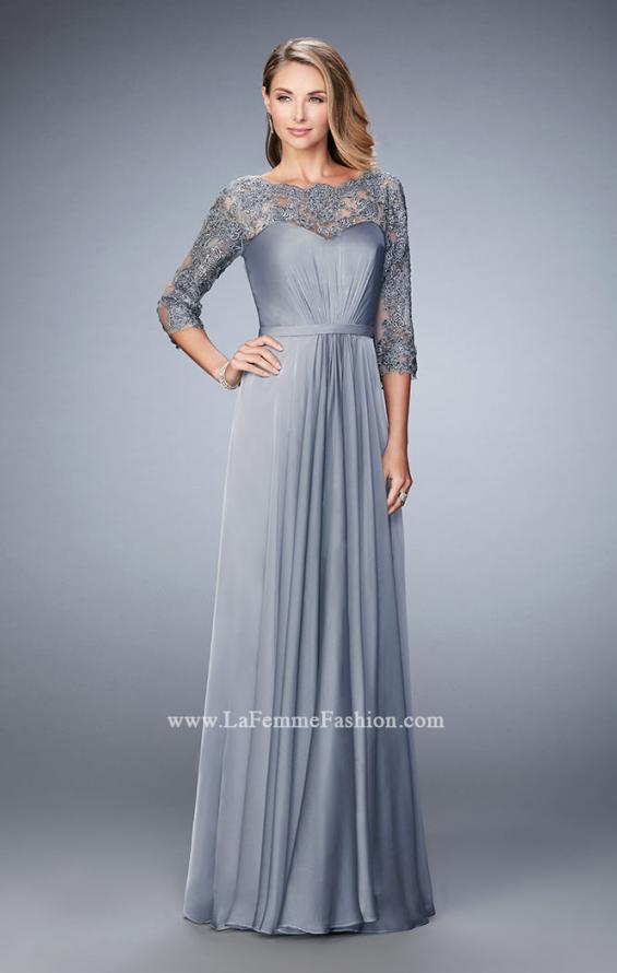 Picture of: Jewel and Lace Embroidered 3/4 Sleeve Evening Gown in Silver, Style: 21915, Main Picture