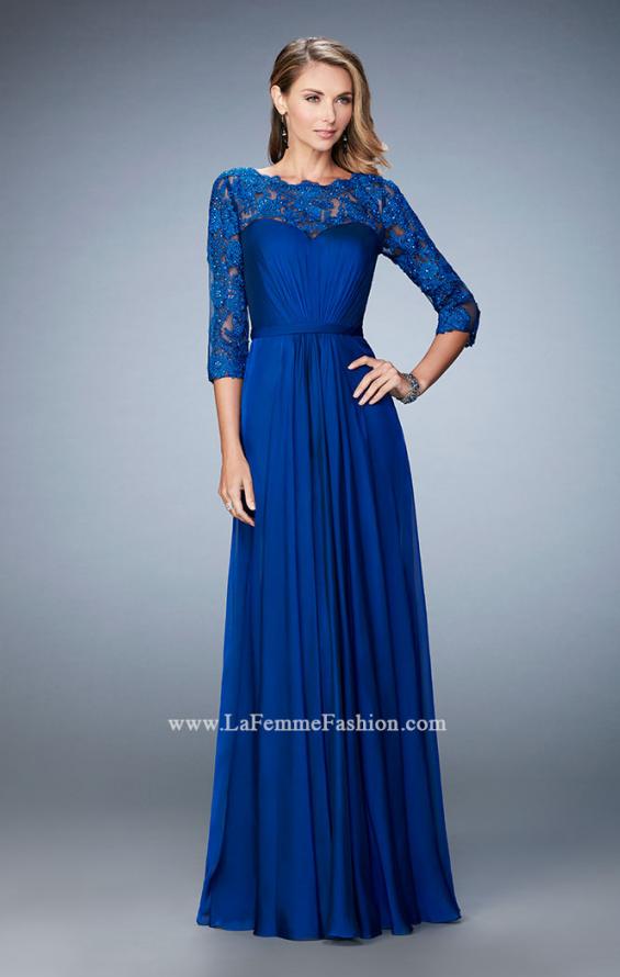 Picture of: Jewel and Lace Embroidered 3/4 Sleeve Evening Gown in Blue, Style: 21915, Detail Picture 2