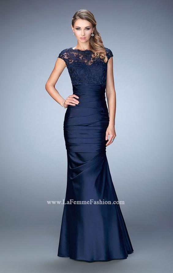 Picture of: Satin Dress with Sheer Cap Sleeves and Pleated Skirt in Blue, Style: 21961, Main Picture