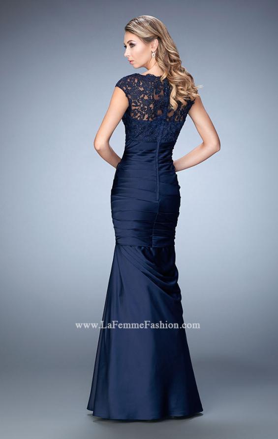Picture of: Satin Dress with Sheer Cap Sleeves and Pleated Skirt in Blue, Style: 21961, Back Picture