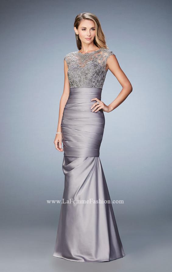 Picture of: Satin Dress with Sheer Cap Sleeves and Pleated Skirt in Silver, Style: 21961, Detail Picture 1