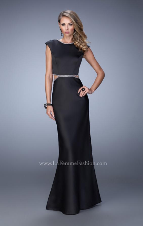 Picture of: Long Satin Prom Dress with Cut Outs and Open Back in Black, Style: 21980, Main Picture