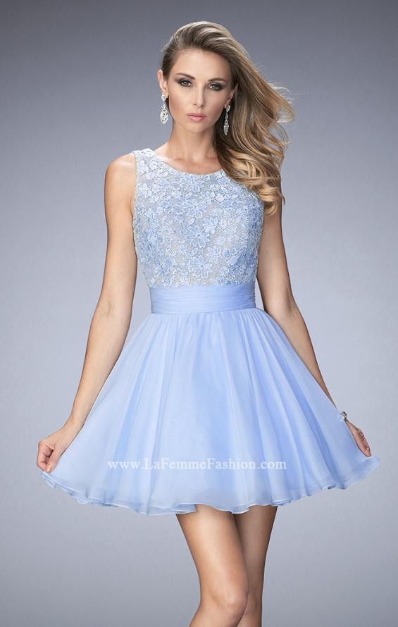 Picture of: Short Chiffon Gown with Lace Bodice and Sheer Back in Blue, Style: 21991, Main Picture