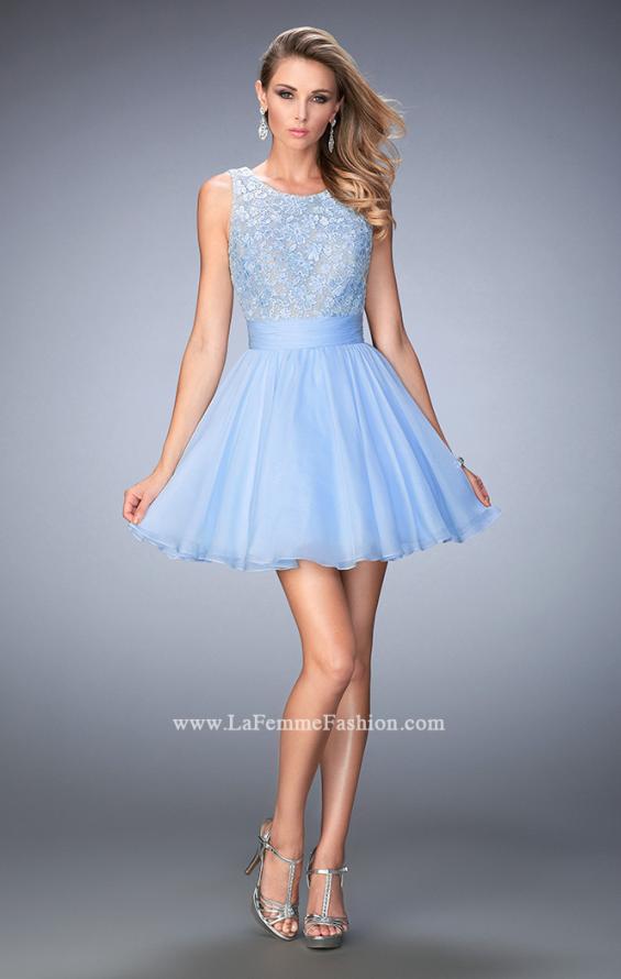 Picture of: Short Chiffon Gown with Lace Bodice and Sheer Back in Blue, Style: 21991, Detail Picture 1