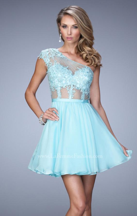 Picture of: One Shoulder Chiffon Dress with Full Skirt and Lace Trim in Blue, Style: 21992, Main Picture