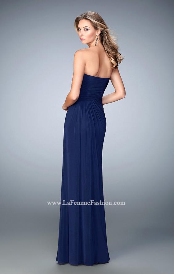 Picture of: Net Prom Gown with Gathered Bodice and Side Slit in Blue, Style: 22002, Back Picture