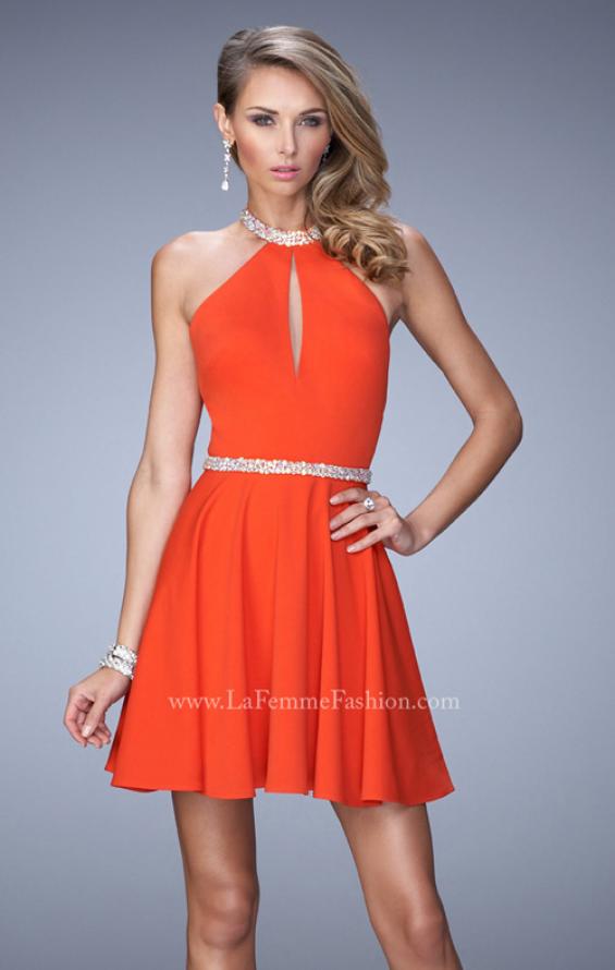 Picture of: Bold Jersey Short Dress with Halter Neckline and Stones in Orange, Style: 22016, Main Picture