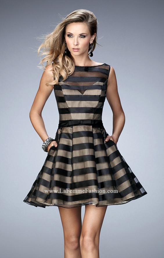 Picture of: Striped Organza Cocktail Dress with Pleats and Pockets in Black, Style: 22018, Main Picture