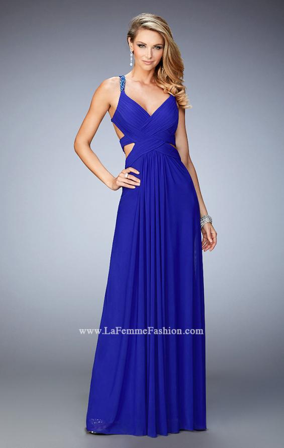 Picture of: Net Prom Gown with Cut Outs and Crystal Strappy Back in Blue, Style: 22089, Detail Picture 1