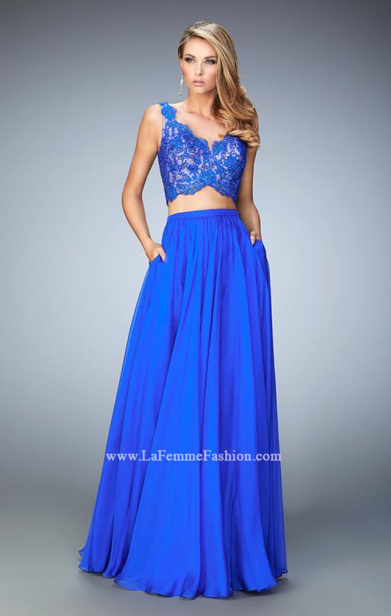 Picture of: Chiffon Two Piece Gown with Lace Top and Scallop Edges in Blue, Style: 22128, Main Picture