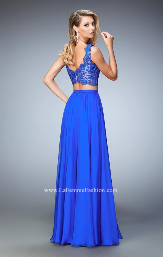 Picture of: Chiffon Two Piece Gown with Lace Top and Scallop Edges in Blue, Style: 22128, Back Picture