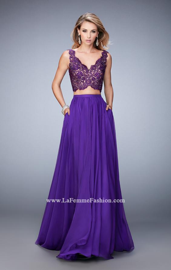 Picture of: Chiffon Two Piece Gown with Lace Top and Scallop Edges in Purple, Style: 22128, Detail Picture 1