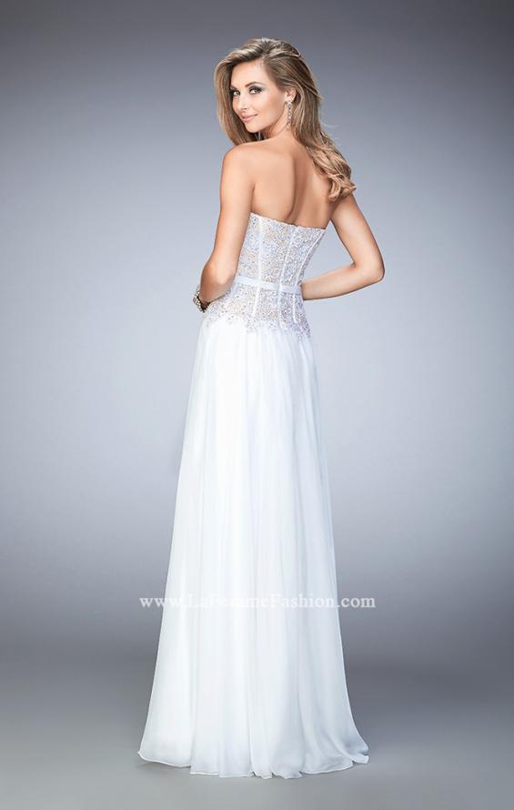 Picture of: Long Chiffon Gown with Rhinestone Lace and a Bow in White, Style: 22133, Back Picture