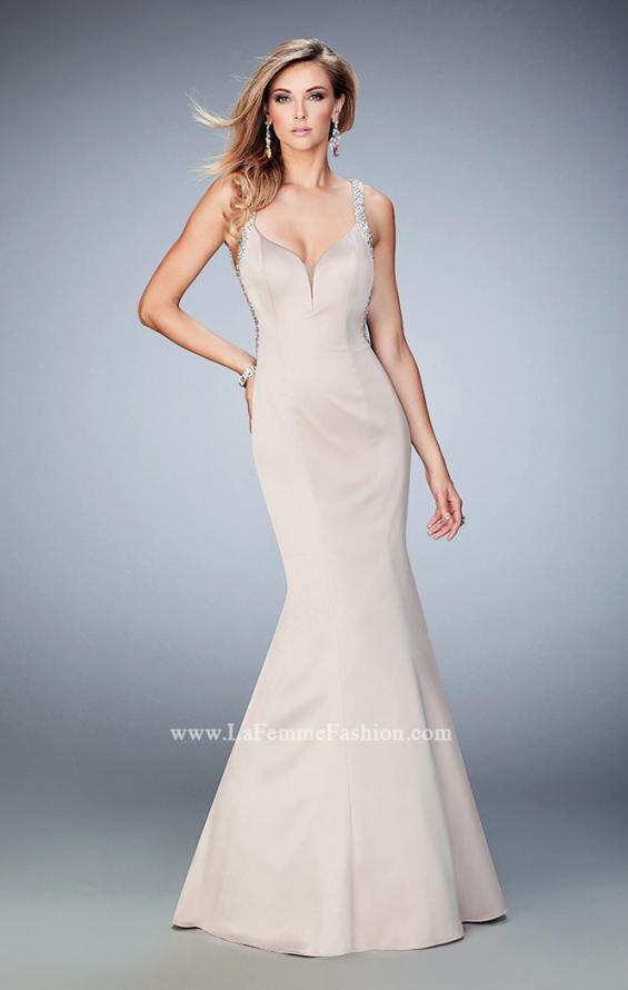 Picture of: Satin Mermaid Prom Dress with Crystals and Strappy Back in Nude, Style: 22135, Back Picture