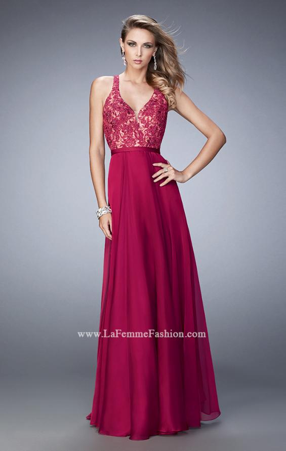 Picture of: Racer Back Chiffon Prom Dress with Rhinestone Lace Detail in Pink, Style: 22186, Main Picture