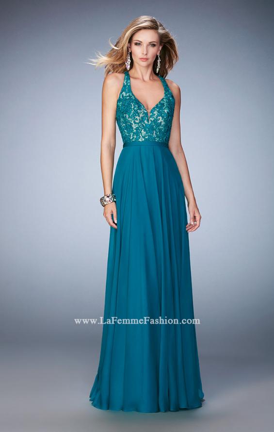 Picture of: Racer Back Chiffon Prom Dress with Rhinestone Lace Detail in Green, Style: 22186, Detail Picture 2