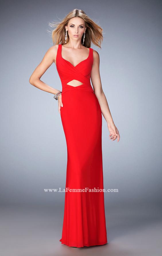 Picture of: Net Prom Gown with Cut Outs, Gathering, and a Train in Red, Style: 22200, Main Picture