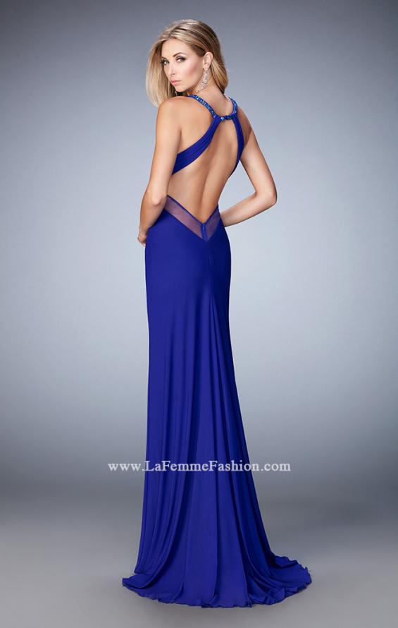 Picture of: Long Prom Dress with Sheer Panel Detail and Crystal Beads in Blue, Style: 22202, Back Picture
