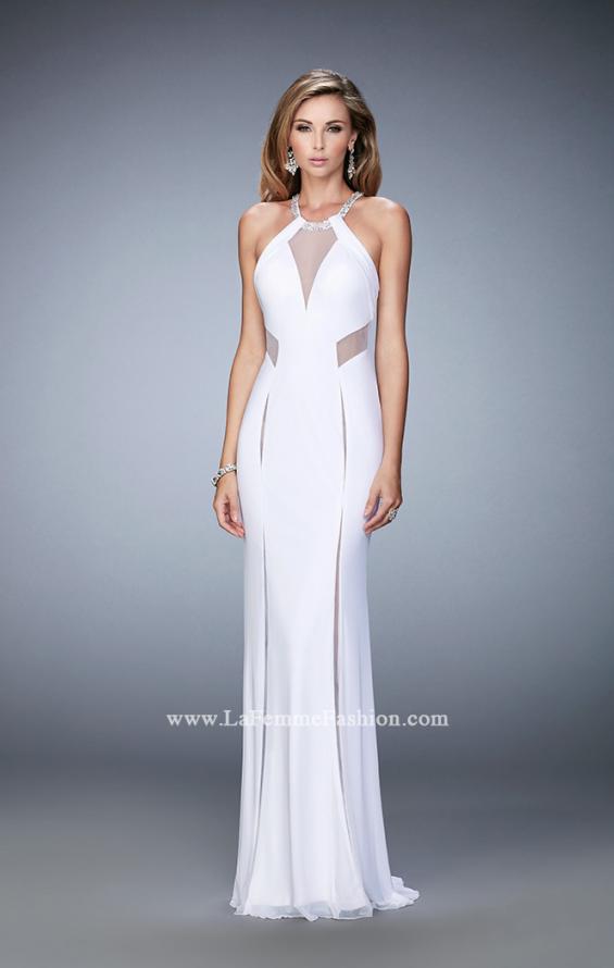 Picture of: Long Prom Dress with Sheer Panel Detail and Crystal Beads in White, Style: 22202, Detail Picture 2