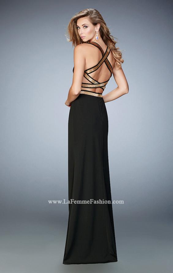 Picture of: Long Prom Dress with Gold Beaded Trim and Side Slit in Black, Style: 22227, Back Picture