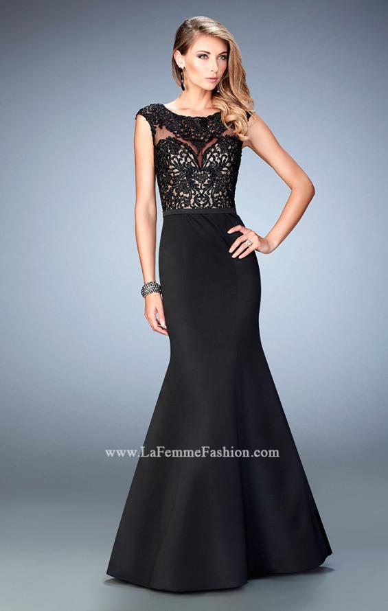 Picture of: Mermaid Satin Prom Gown with Illusion Neckline in Black, Style: 22231, Main Picture