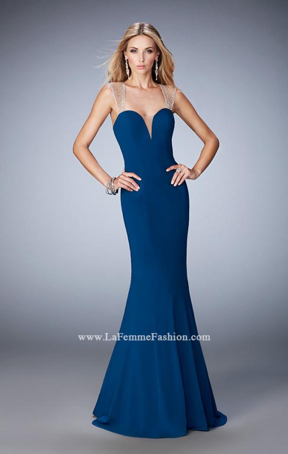 Picture of: Long Jersey Mermaid Gown with Sheer Straps and Stones in Blue, Style: 22237, Main Picture