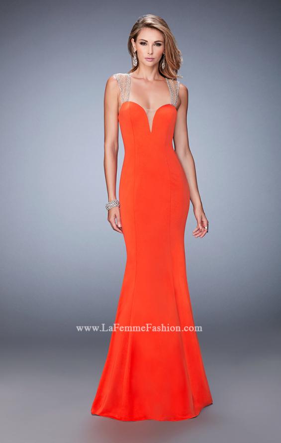 Picture of: Long Jersey Mermaid Gown with Sheer Straps and Stones in Orange, Style: 22237, Detail Picture 1