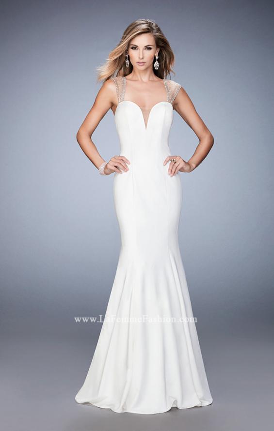 Picture of: Long Jersey Mermaid Gown with Sheer Straps and Stones in White, Style: 22237, Detail Picture 3